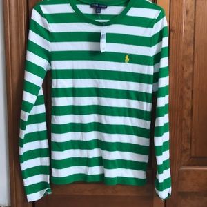 Green and white striped long sleeve shirt.